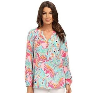 Lilly Pulitzer Elsa Flamingo Silk Blouse
